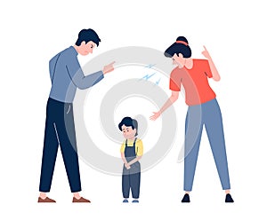 Child abuse in family. Parents violent on kid, scream mother and father. Alone boy and angry parents. Cartoon abusive