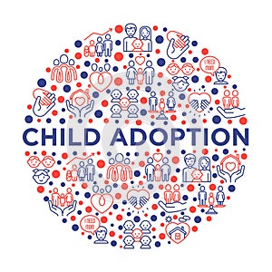 Child adoption concept in circle with thin line icons: adoptive parents, helping hand, orphan, home care, LGBT couple with child,