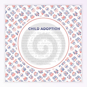 Child adoption concept with thin line icons: adoptive parents, helping hand, orphan, home care, LGBT couple with child, custody,