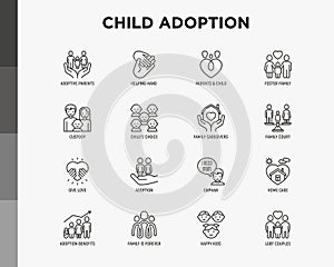 Child adoption thin line icons set: adoptive parents, helping hand, orphan, home care, LGBT couple with child, custody, cargivers