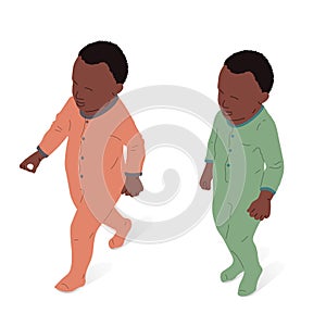 Child of afro ethnic origin, standing and walking, isometric view, full body. Vector illustration