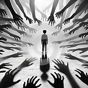 Child Amidst Chaos - Silhouette of Young Boy and Shadows of Hands