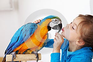 Child with ara parrot