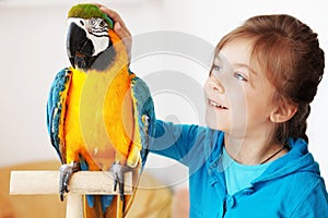 Child with ara parrot