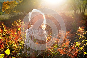 A child in the autumn landscape at sunset. The girl in the autumn. Black and white photograph