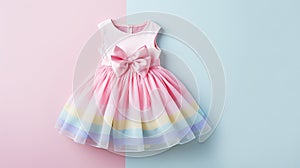 child baby clothes cute dress with bow for little princess on pastel pink and blue background, copy space