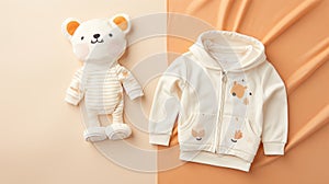 child baby white clothes and teddy bear on pastel textile background