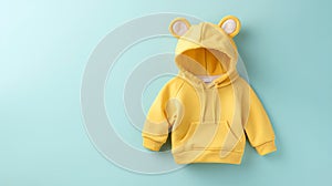 child baby yellow hoodie mockup on pastel blue background