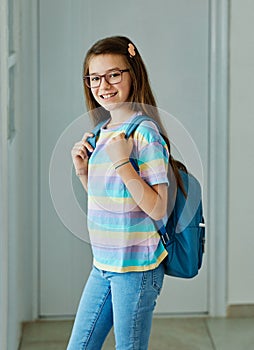 child backpack house leaving education school family home girl woman mother student female happy morning ready teen