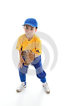 Child baseball softball player crouching with mitt