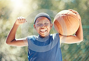 Child, basketball and fun with strong black boy holding a ball and ready to play outside for fitness hobby, health and