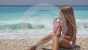 Child on Beach, Kid Portrait Drinking Juice,Thirsty Girl Face View on Seashore