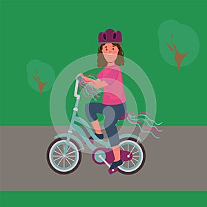 A child on a bicycle and wearing a helmet. Illustration of a girl riding a bicycle in a park. Poster of a teenager's