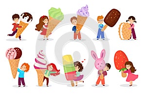 Child with big huge ice cream vector illustration. Cartoon tiny girl boy kid character holding icecream waffle cone