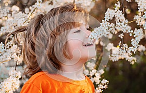 Child in blooming tree in spring park. Smiling boy outdoor. Blossom garden.