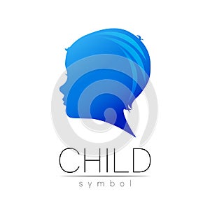 Child blue logotype in vector. Silhouette profile human head. Concept logo for people, children, autism, kids, therapy