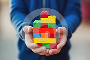 Child in blue presenting a colorful tower of interlocking building blocks, symbolizing creativity and structured play