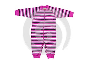 Child bodysuit isolated on white background. Pink Striped romper photo