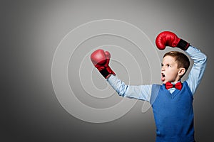 Child in Boxing Gloves, Elegant Kid Boy Boxer Raised Arms Up