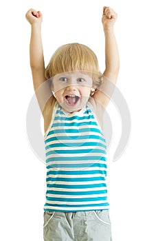 Child boy with arms up looking happy