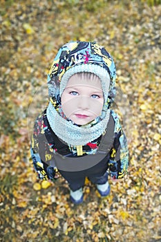 Child, boy on a background of autumn leaves looks up, walk, portrait, close-up,