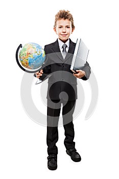 Child boy in business suit holding Earth globe and book