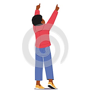 Child Boy Character Extends An Arms Upwards Back View, Fingers Pointing Skyward, Embodying Curiosity And Wonder