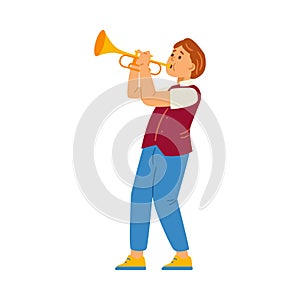 Child boy character learning playing trumpet, flat vector illustration isolated.