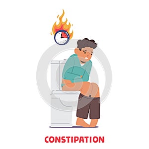 Child Boy Character Sits On A Toilet, Struggling With Constipation, Discomfort Evident, On His Face, Reflecting Effort