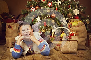 Child Boy Christmas Tree, Happy Kid, Dreaming Xmas Present Gift