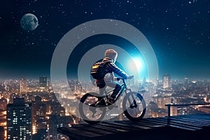 child boy cyclist on bicycle on roof of skyscraper at night. Generative AI illustration