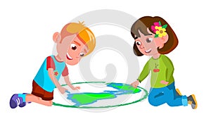 Child Boy, Girl Drawing Earth On Asphalt Vector. Illustration