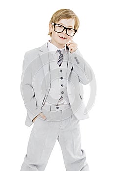 Child boy in glasses and suit, isolated over white background