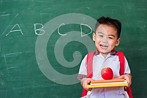 Child boy from kindergarten in student uniform with school bag holding red apple on books