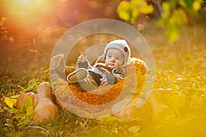 Child boy lies in a basket with pumpkins in autumn leaves