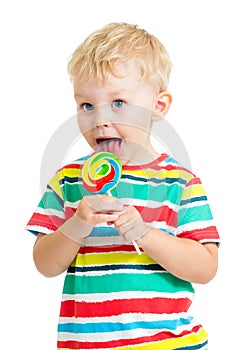 Child boy with lollipop isolated