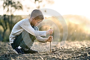 Child boy playing with wooden stick digging in black dirt ground outdoors