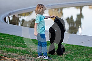Child boy with poodle dog walking outdoor. Kid playing with puppy. Children with pet friend.
