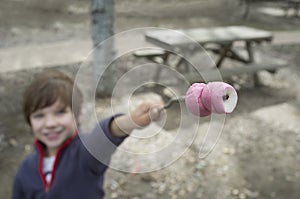 Child boy showing half-toasted marshmallow on stick