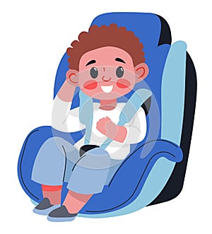 Child boy sitting in car seat with fasten belts