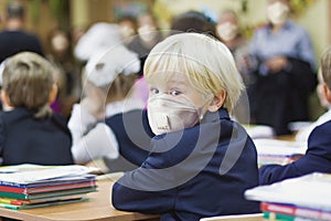 Child boy student in protective mask, back to school