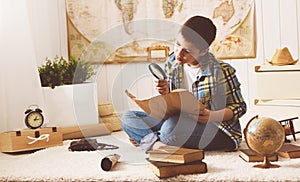 Child boy teenager studying map of world, globe, geography, dre