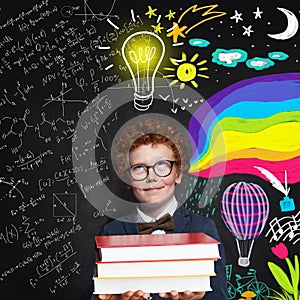 Child boy 9 years old looking at lightbulb, science and arts scetch background. Brainstorming, idea and choice