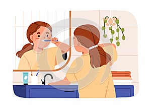 Child brushing teeth. Cute kid with toothbrush at bathroom mirror. Happy little girl holding tooth brush in hand. Daily