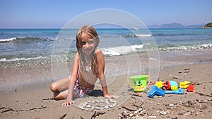 Child Building Castle on Beach at Sunset, Kid Playing Sands on Seashore, Girl Portrait on Seaside, Ocean View, Happy Children