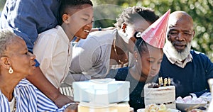 Child, cake or black family in nature for a happy birthday, celebration or support with grandparents. Candles, blow or