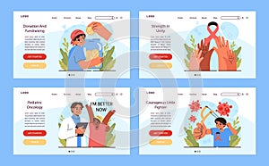 Child cancer web banner or landing page set. Little kid getting photo