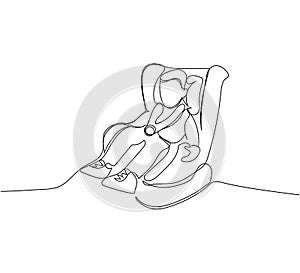 Child in a car seat one line art. Continuous line drawing of child, childhood, boy, girl, safety, protection, car