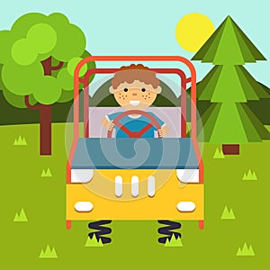 Child in the car on springs. Children`s playground. Baby-themed flat stock illustration with isolated elements.