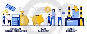 Child care experience deduction, care tax credit, carbon tax credit concept with tiny people. Tax deduction, exemption and credit photo